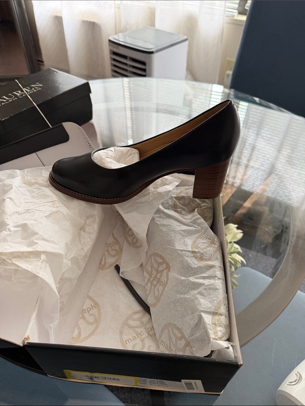Marc Joseph Black Leather Round-Toe Mid Block Heel Pumps